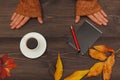 Hands of woman at a wooden table with a cup of coffee and notebook with pen Royalty Free Stock Photo