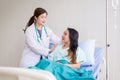 Hands woman doctor reassuring her female patient in hospital room,Doctor giving a consultation and encouragement to patient Royalty Free Stock Photo