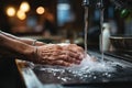 Hands of women wash their hands in a sink with foam. Generative AI