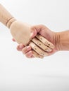 The hands of the wooden doll are holding on to the human hand on white background