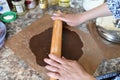 Mom rolls dough. chocolate dough. Hands working with dough preparation recipe bread. Female hands making dough for pizza. Woman`s Royalty Free Stock Photo