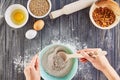 Hands working with dough preparation recipe bread, pizza or pie making ingridients, food flat lay on kitchen table background Royalty Free Stock Photo