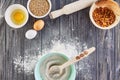 Hands working with dough preparation recipe bread, pizza or pie making ingridients, food flat lay on kitchen table background Royalty Free Stock Photo