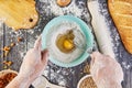 Hands working with dough preparation recipe bread, pizza or pie making ingridients, food flat lay on kitchen table background Royalty Free Stock Photo