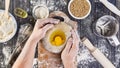 Hands working with dough preparation recipe bread, pizza or pie making ingridients, food flat lay on kitchen table background Royalty Free Stock Photo