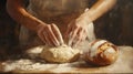 Hands working dough in a warm bakery setting Royalty Free Stock Photo