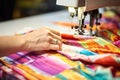 hands working on sewing machine with colorful fabric