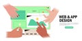 Hands working on website or application, ui ux design and programming. Team of designers doing research and prototyping
