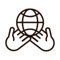 Hands with world solidarity community and partnership line icon Royalty Free Stock Photo