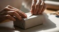 Hands wrapping a small white cardboard box on a bright wooden table Royalty Free Stock Photo