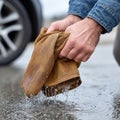 Hands wringing a wet cloth, water dripping on pavement. Royalty Free Stock Photo