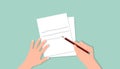 Hands write letter. Writing and correcting text checking spelling and errors message. Royalty Free Stock Photo