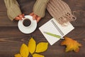 Hands of writer with a cup of espresso and scarf at wooden table with notebook and pen and autumn leaves Royalty Free Stock Photo