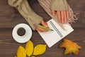 Hands of writer with a pen and notebook at a wooden table with cup of coffee and autumn leaves and scarf Royalty Free Stock Photo