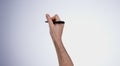 Hands, writing and digital pen with planning, sign and presentation on a white studio background. Closeup, person and