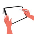 Hands writing, drawing, painting on blank tablet with stylus pen for digital painting, graphic design or lecture flat vector illus Royalty Free Stock Photo