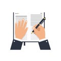 Hands writing notes in a notebook with a pen, flat vector illustration of a productive workspace Royalty Free Stock Photo