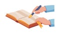 Hands Writing in Open Book, Learning, Journaling, Creative Work, vector design Generative AI Royalty Free Stock Photo