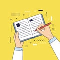Hands writing in an open notebook with geometric background elements Royalty Free Stock Photo