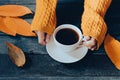 Hands in yellow knitted sweater holding a cup of tea among fall keaves, autumn concept Royalty Free Stock Photo