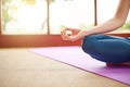 Hands, yoga or woman in home for meditation, wellness or body posture with lotus pose or peace. Relax, zen or closeup of Royalty Free Stock Photo