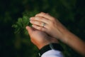 Hands of a young couple with a ring. close up of man giving diamond ring to woman Royalty Free Stock Photo