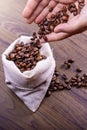 Hands of a young girl removing coffee beans from a sack. International coffee day concept. October 1st