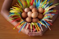 Hands of young girl taking care chicken eggs in a basket Royalty Free Stock Photo