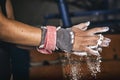 Hands of young gymnast girl with magnesium Royalty Free Stock Photo