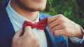 Hands of a young man in a blue suit with a red bow tie Royalty Free Stock Photo