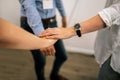 Hands of young people friends holding together, unity teamwork support concept Royalty Free Stock Photo