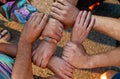 Hands Of Young People Outdoor. Diverse People Group Stacked Joined Hands In Pile.