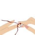 Hands of young woman knit noose. Burgundy threads. Hobby knitting. Vector illustration