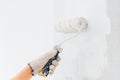 Hands young woman painting the walls with a roller using white paint Royalty Free Stock Photo