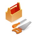 Handsaw, chisel, box. Isometric construction tools. Royalty Free Stock Photo