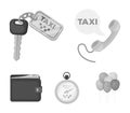 Handset with the inscription of a taxi, car keys with a key fob, a stopwatch with a fare, a purse with money, dollars Royalty Free Stock Photo