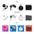 Handset with the inscription of a taxi, car keys with a key fob, a stopwatch with a fare, a purse with money, dollars Royalty Free Stock Photo