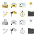 Handset with the inscription of a taxi, car keys with a key fob, a stopwatch with a fare, a purse with money, dollars Royalty Free Stock Photo