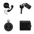 Handset with the inscription of a taxi, car keys with a key fob, a stopwatch with a fare, a purse with money, dollars Royalty Free Stock Photo