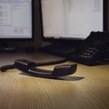 Handset of the landline phone lies on the office desk with computer m