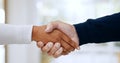 Handshake, agreement and closeup of business people in office for welcome to a new recruit or partnership. Zoom of Royalty Free Stock Photo