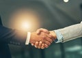 Handshake, agreement and hands of business men in office for partnership, recruitment deal and thank you. Corporate Royalty Free Stock Photo