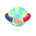 Handshake around earth globe. international business cooperation Royalty Free Stock Photo