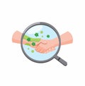 Handshake with backteria virus detected in magnifyng glass symbol. spread disease prevention in cartoon flat illustration vector i Royalty Free Stock Photo