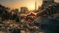 Handshake and blur background of silhouette against sunlight pass through wreck and ruin of existing city after warfare.