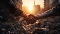 Handshake and blur background of silhouette against sunlight pass through wreck and ruin of existing city after warfare.