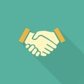 Handshake business concept. Handshake icon. Handshake in flat design with shadow on green background Royalty Free Stock Photo