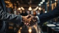 Close-up of the hands of two businesspeople in suits shaking hands. AI Generated.