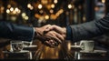 Close-up of the hands of two businesspeople in suits shaking hands. AI Generated.