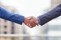 Handshake, business teamwork and people of city with success, staff agreement and partnership. Closeup of team Royalty Free Stock Photo